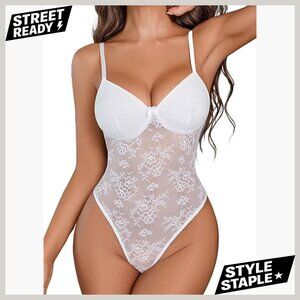 Lace Bodysuit with Snap Crotch Adjustable Straps Deep V-Neck Medium